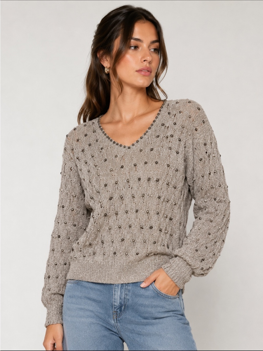 Cable Knitted Lightweight V Neck Tan Handmade Sweater Perl Clusters Small - Picture 1 of 10